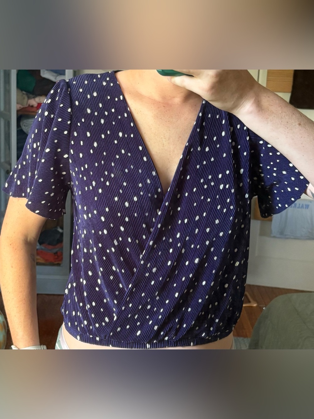 Astr Navy Blue Polka Dot V-Neck Top